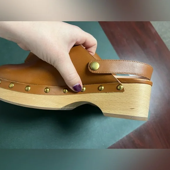 J.Crew brown leather brass stud wood platform slingback clog, size 8.5 - Picture 11 of 13